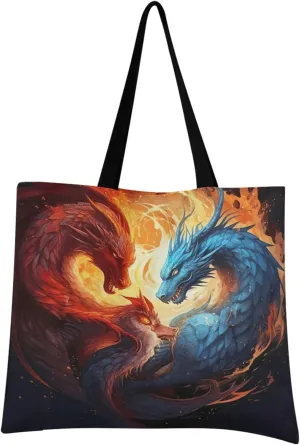 Fire Flame Red Dragon Fighting Blue Dragon Tote Bag for Women Canvas Shoulder Handbags Reusable Grocery Bags Large Purse with Inner Pocket 214a6902