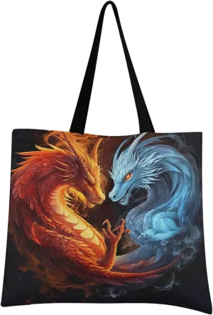 Fire Flame Red Dragon Fighting Blue Dragon Tote Bag for Women Canvas Shoulder Handbags Reusable Grocery Bags Large Purse with Inner Pocket 214a6903