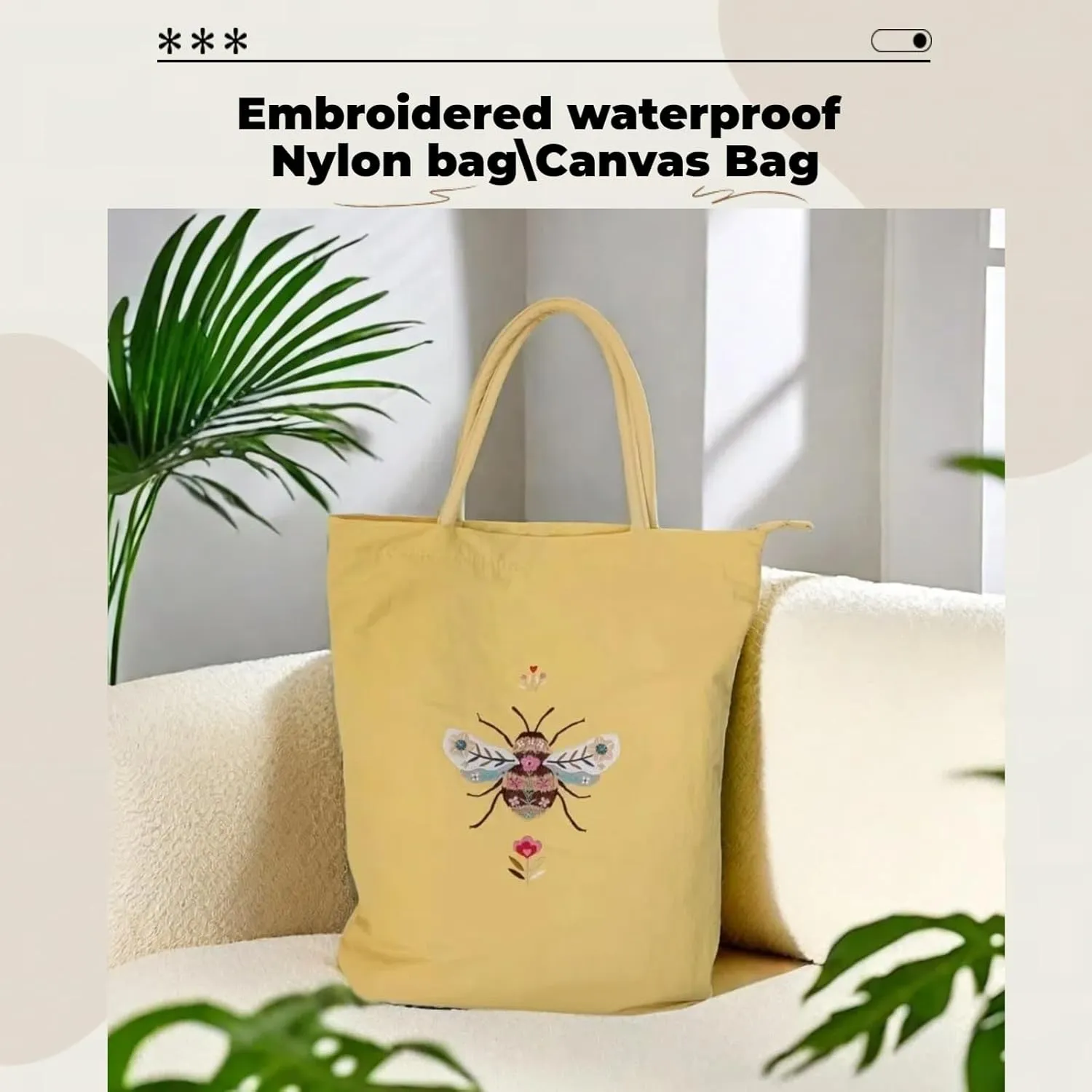Fun canvas Bag Tote bag Reusable soft grocery bag, Birthday, Christmas, novelty woman, couple, best friend, adult, teen, Cute canvas bag for women, Fun cute gift (Lemon yellow(Embroidered bee))