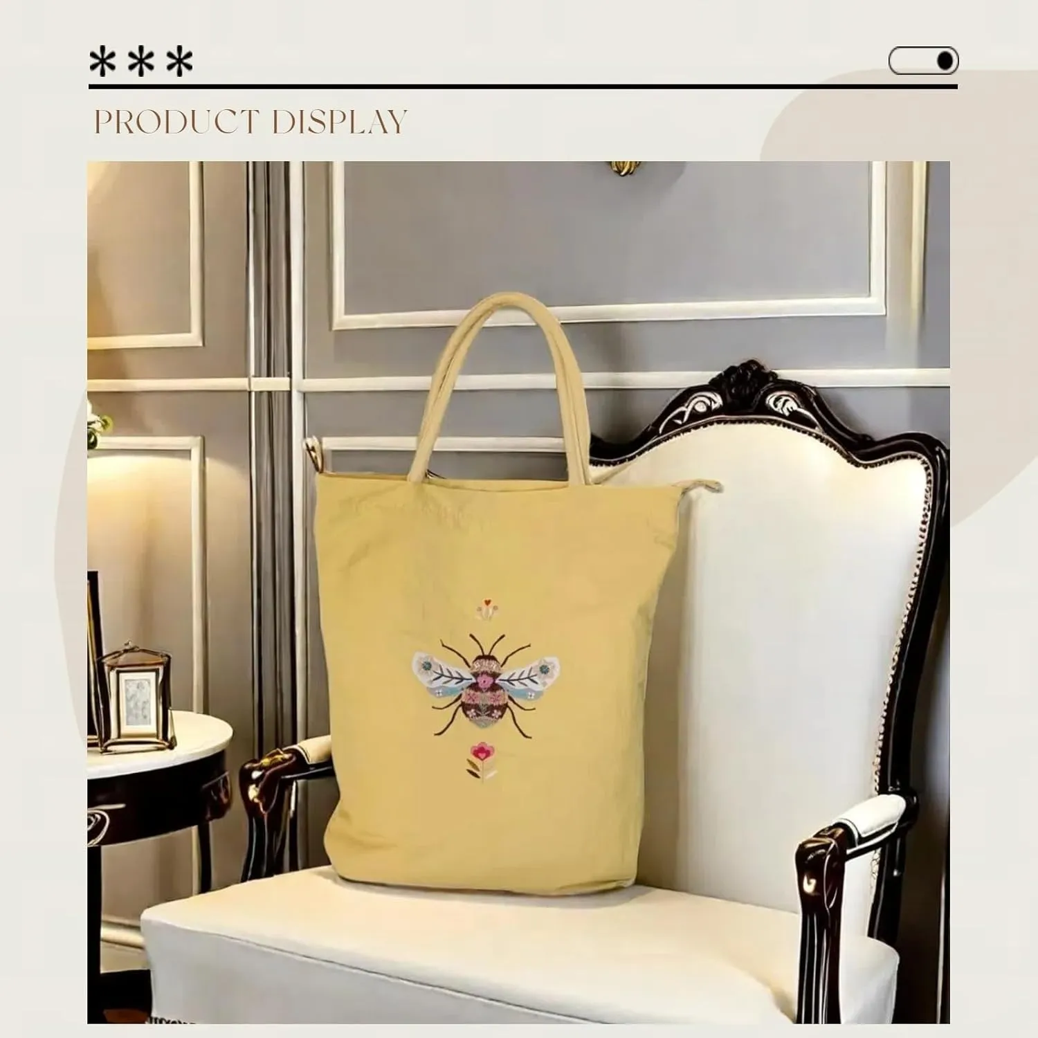 Fun canvas Bag Tote bag Reusable soft grocery bag, Birthday, Christmas, novelty woman, couple, best friend, adult, teen, Cute canvas bag for women, Fun cute gift (Lemon yellow(Embroidered bee))