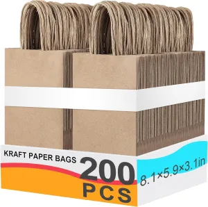 Generic 200Pack Brown Paper Bags with Handles, 8.1x5.9x3.1 Inch, Gift Bags Bulk for Birthday, Wedding, Mother's Day, Father's Day, Housewarming