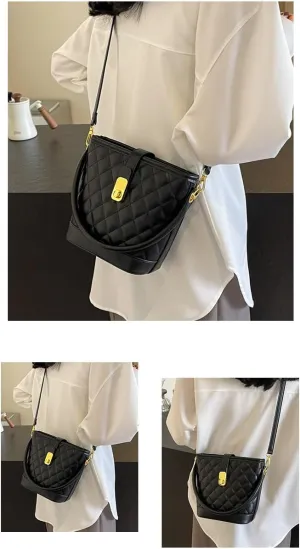 Generic Bucket Bag for Women Quilted Crossbody Bag Stylish Shoulder Bag Black Purse Casual Handbag with Adjustable Strap (Black)