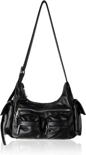Genuine Leather Hobo Shoulder Bag for Women - Y2K Black Crossbody Purse for Work & Daily Use