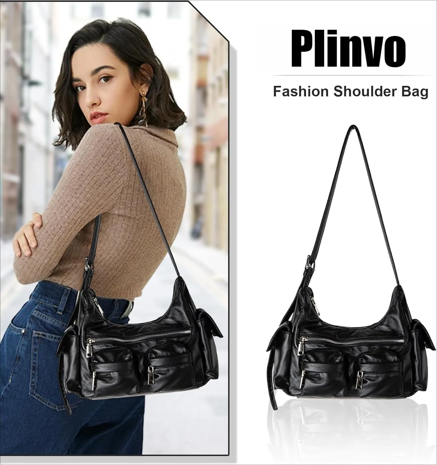Genuine Leather Hobo Shoulder Bag for Women - Y2K Black Crossbody Purse for Work & Daily Use