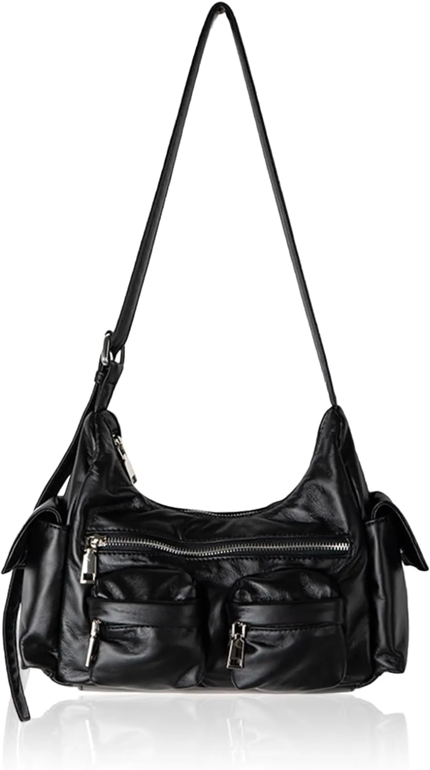 Genuine Leather Hobo Shoulder Bag for Women - Y2K Black Crossbody Purse for Work & Daily Use