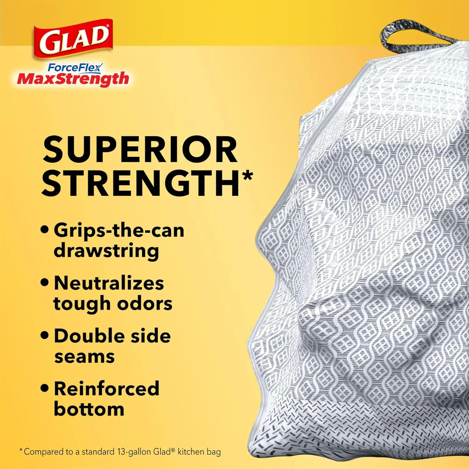 Glad ForceFlex MaxStrength with Clorox Tall Kitchen Trash Bags, 13 Gal, 34 Ct (Package May Vary)