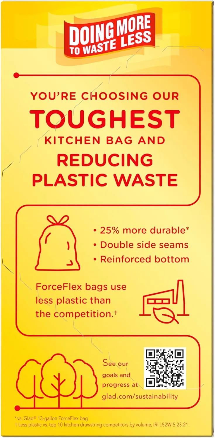 Glad ForceFlex MaxStrength with Clorox Tall Kitchen Trash Bags, 13 Gal, 34 Ct (Package May Vary)