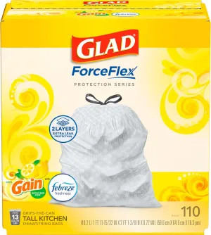 Glad ForceFlex Tall Kitchen Drawstring Trash Bags, 13 Gal, Gain Lemon Zest, 110 Ct, Pack May Vary