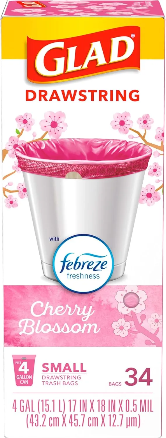 Glad Odorshield Small Drawstring Trash Bags, 4 Gal, Pink, Cherry Blossom, 34 Ct, Pack May Vary