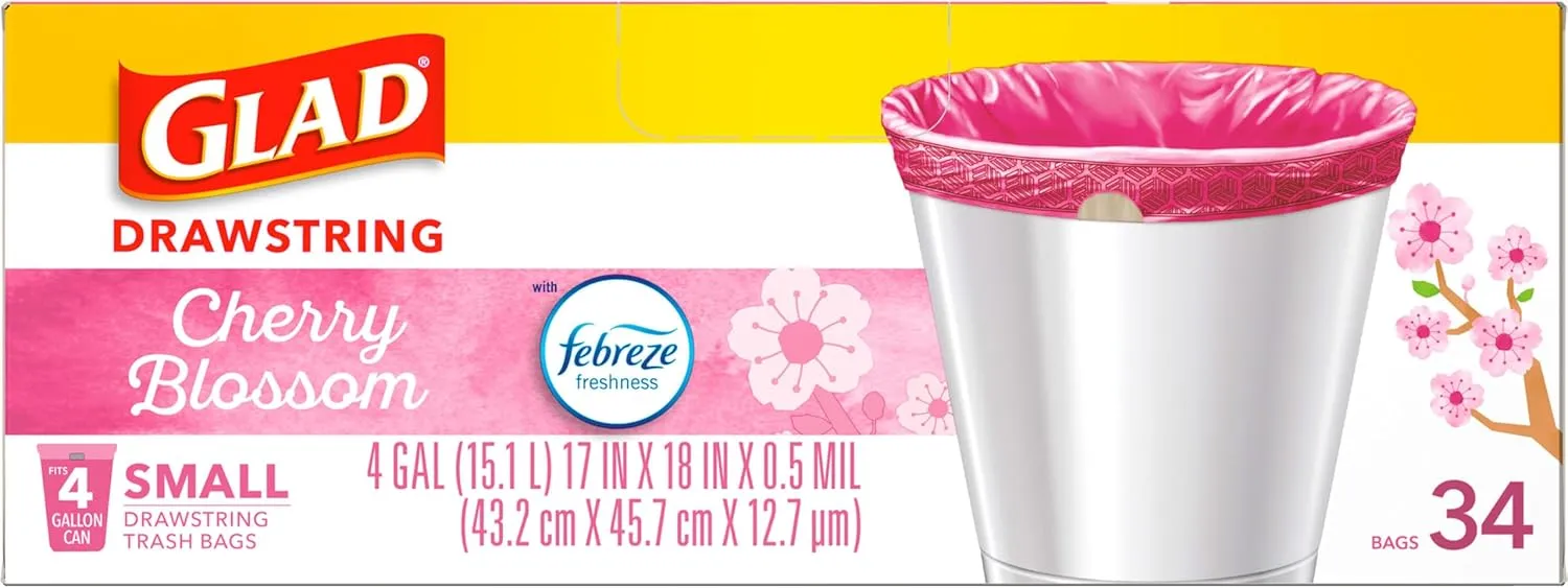 Glad Odorshield Small Drawstring Trash Bags, 4 Gal, Pink, Cherry Blossom, 34 Ct, Pack May Vary