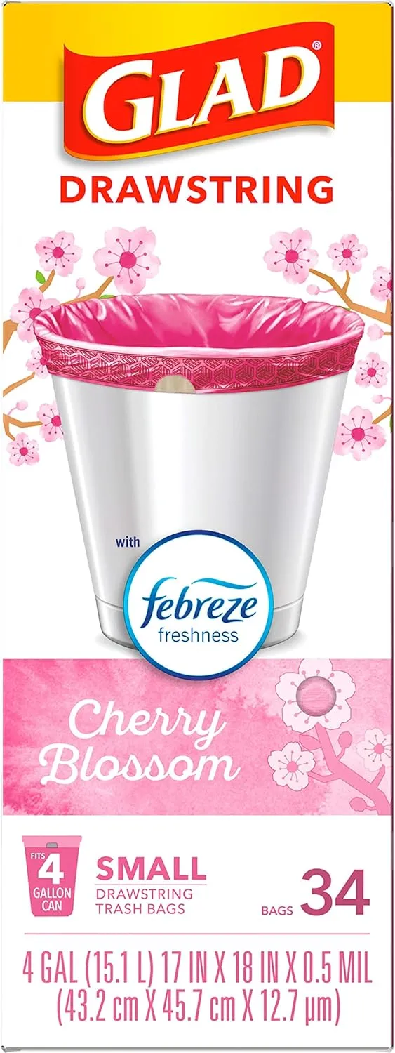 Glad Odorshield Small Drawstring Trash Bags, 4 Gal, Pink, Cherry Blossom, 34 Ct, Pack May Vary