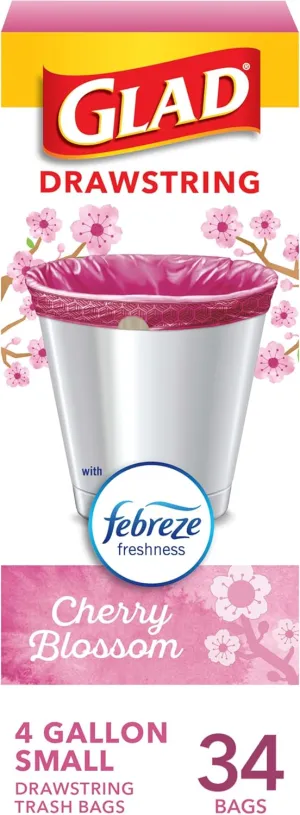 Glad Odorshield Small Drawstring Trash Bags, 4 Gal, Pink, Cherry Blossom, 34 Ct, Pack May Vary