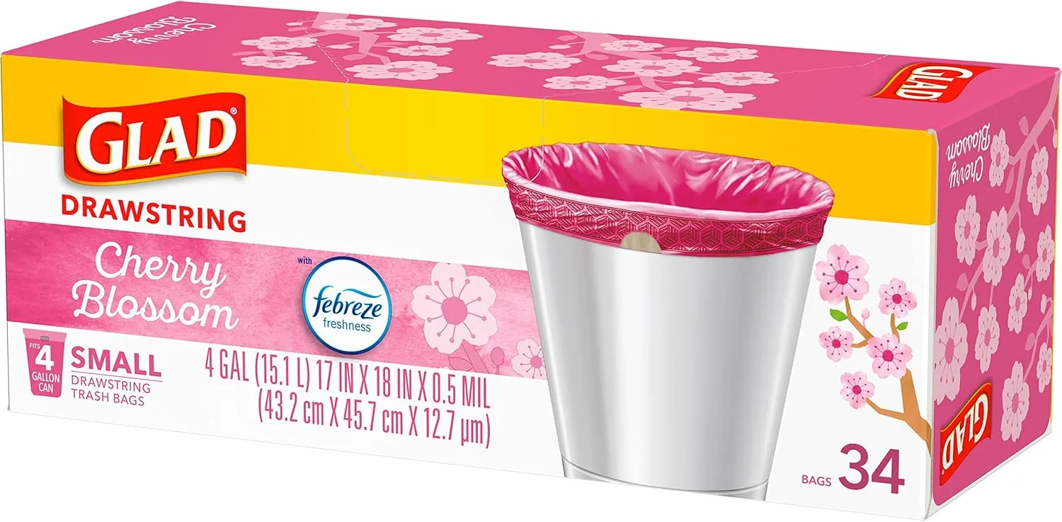 Glad Odorshield Small Drawstring Trash Bags, 4 Gal, Pink, Cherry Blossom, 34 Ct, Pack May Vary