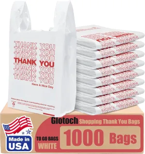 Glotoch Plastic Thank You Bags 1000 Count, 12" x 6.5" x 21" White Grocery Bags with Handles for Restaurant, Retail, Grocery Store, Takeout, Convenience Stores, T-shirt Shopping Bag in Bulk