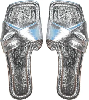 GORGLITTER Women's Silver Sandals Criss Cross Slip on Sandals Square Toe 2025 Trendy Vacation Sandals