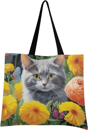 Grey Cat Butterfly Daisy Tote Bag for Women Canvas Shoulder Handbags Reusable Grocery Bags Large Purse with Inner Pocket 214a6981