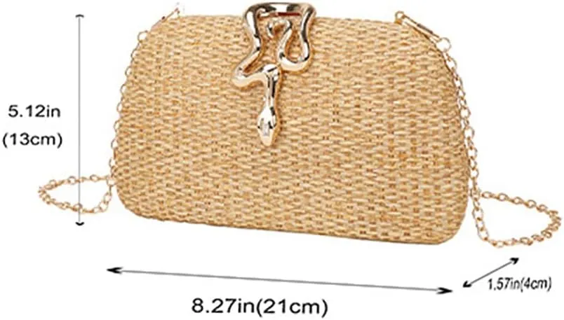 Handwoven Straw Clutch Purse for Women, Snake Clasp Elegant Weddings Shoulder Bag, Summer Beach Vacation Evening Bag