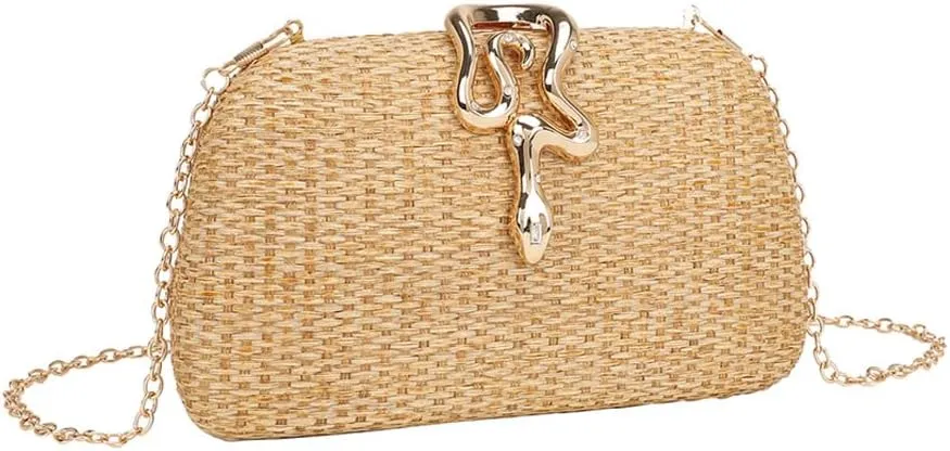 Handwoven Straw Clutch Purse for Women, Snake Clasp Elegant Weddings Shoulder Bag, Summer Beach Vacation Evening Bag