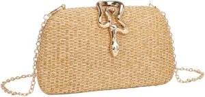 Handwoven Straw Clutch Purse for Women, Snake Clasp Elegant Weddings Shoulder Bag, Summer Beach Vacation Evening Bag