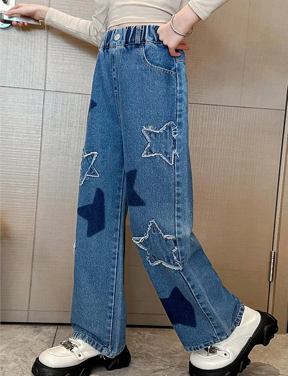 Happy Cherry Baggy Jeans for Girls Ripped Wide Leg Denim Cargo Pants Y2k Kids Cute Aesthetic Clothes Size 5-15 Years