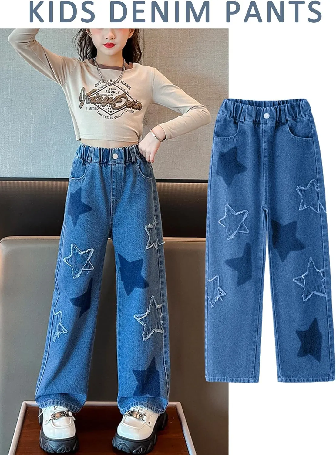 Happy Cherry Baggy Jeans for Girls Ripped Wide Leg Denim Cargo Pants Y2k Kids Cute Aesthetic Clothes Size 5-15 Years