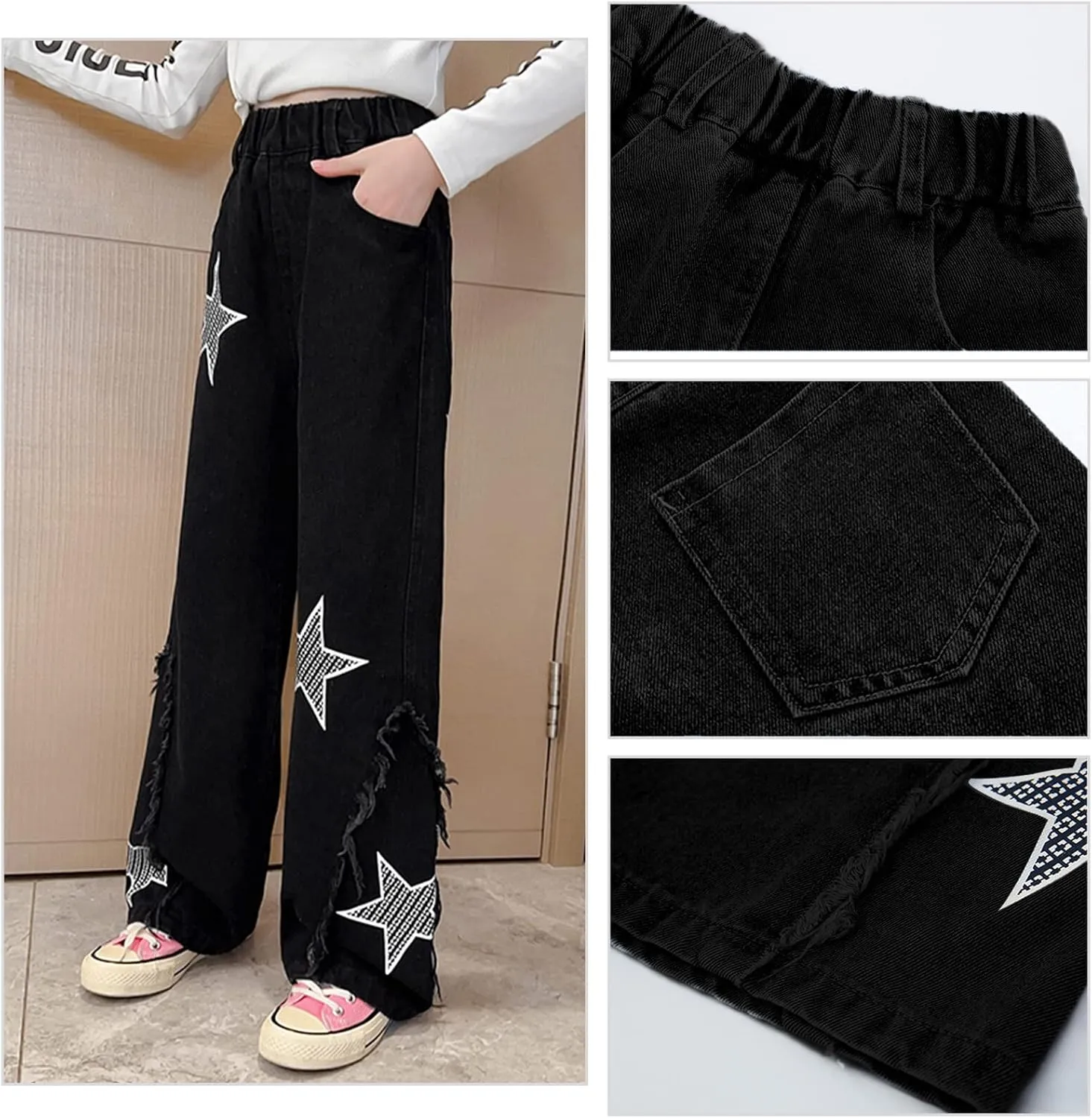 Happy Cherry Baggy Jeans for Girls Ripped Wide Leg Denim Cargo Pants Y2k Kids Cute Aesthetic Clothes Size 5-15 Years