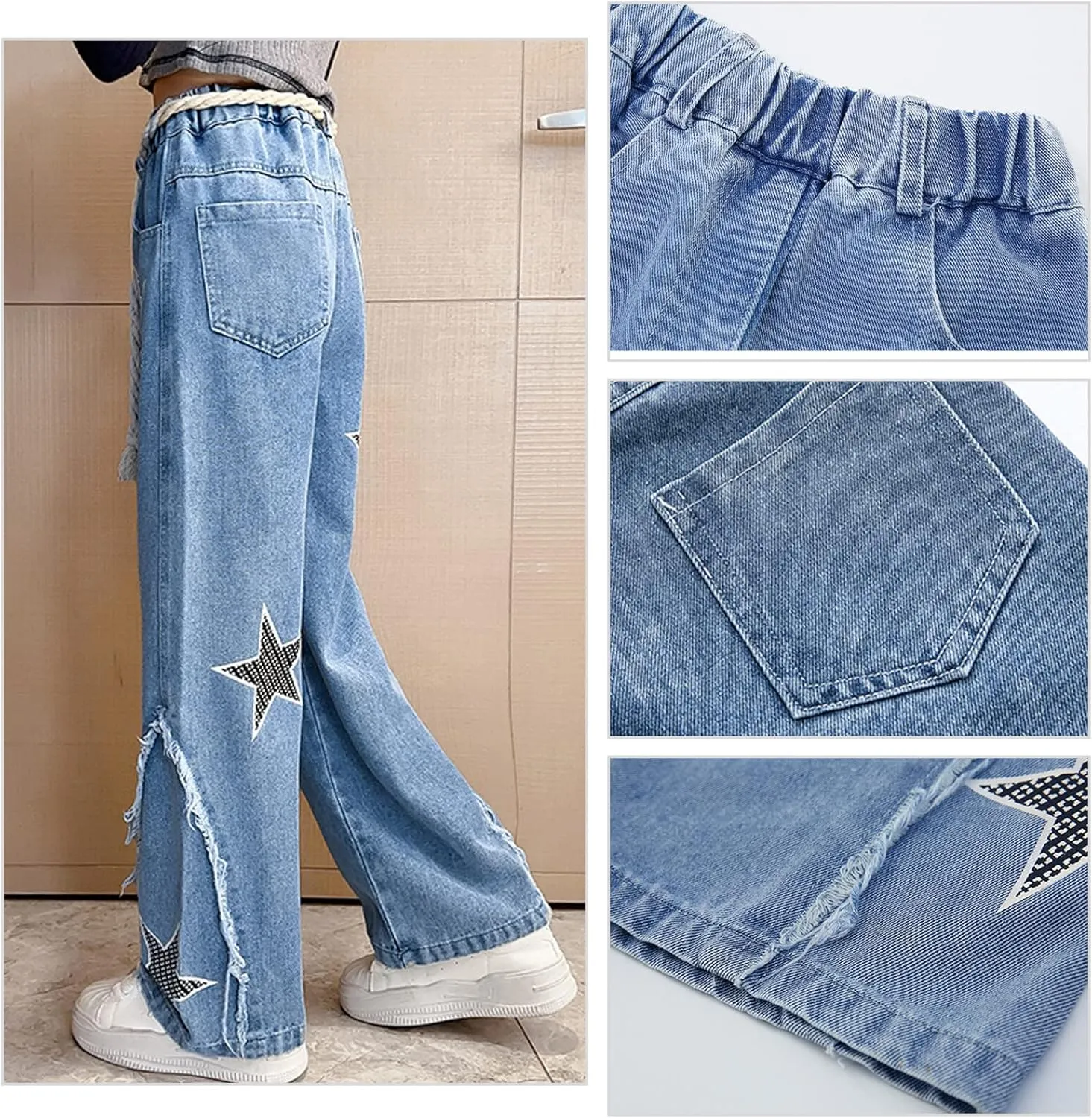 Happy Cherry Baggy Jeans for Girls Ripped Wide Leg Denim Cargo Pants Y2k Kids Cute Aesthetic Clothes Size 5-15 Years