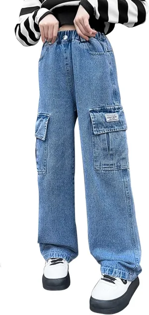 Happy Cherry Baggy Jeans for Girls Ripped Wide Leg Denim Cargo Pants Y2k Kids Cute Aesthetic Clothes Size 5-15 Years