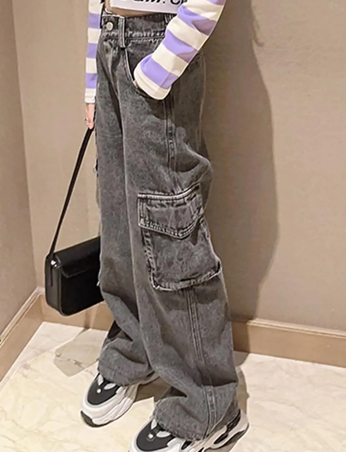 Happy Cherry Baggy Jeans for Girls Ripped Wide Leg Denim Cargo Pants Y2k Kids Cute Aesthetic Clothes Size 5-15 Years