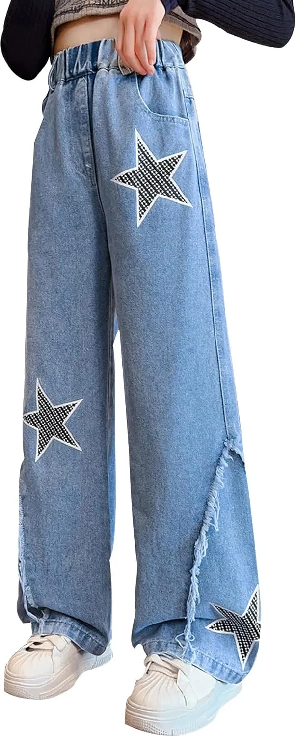 Happy Cherry Baggy Jeans for Girls Ripped Wide Leg Denim Cargo Pants Y2k Kids Cute Aesthetic Clothes Size 5-15 Years