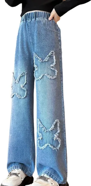 Happy Cherry Baggy Jeans for Girls Ripped Wide Leg Denim Cargo Pants Y2k Kids Cute Aesthetic Clothes Size 5-15 Years