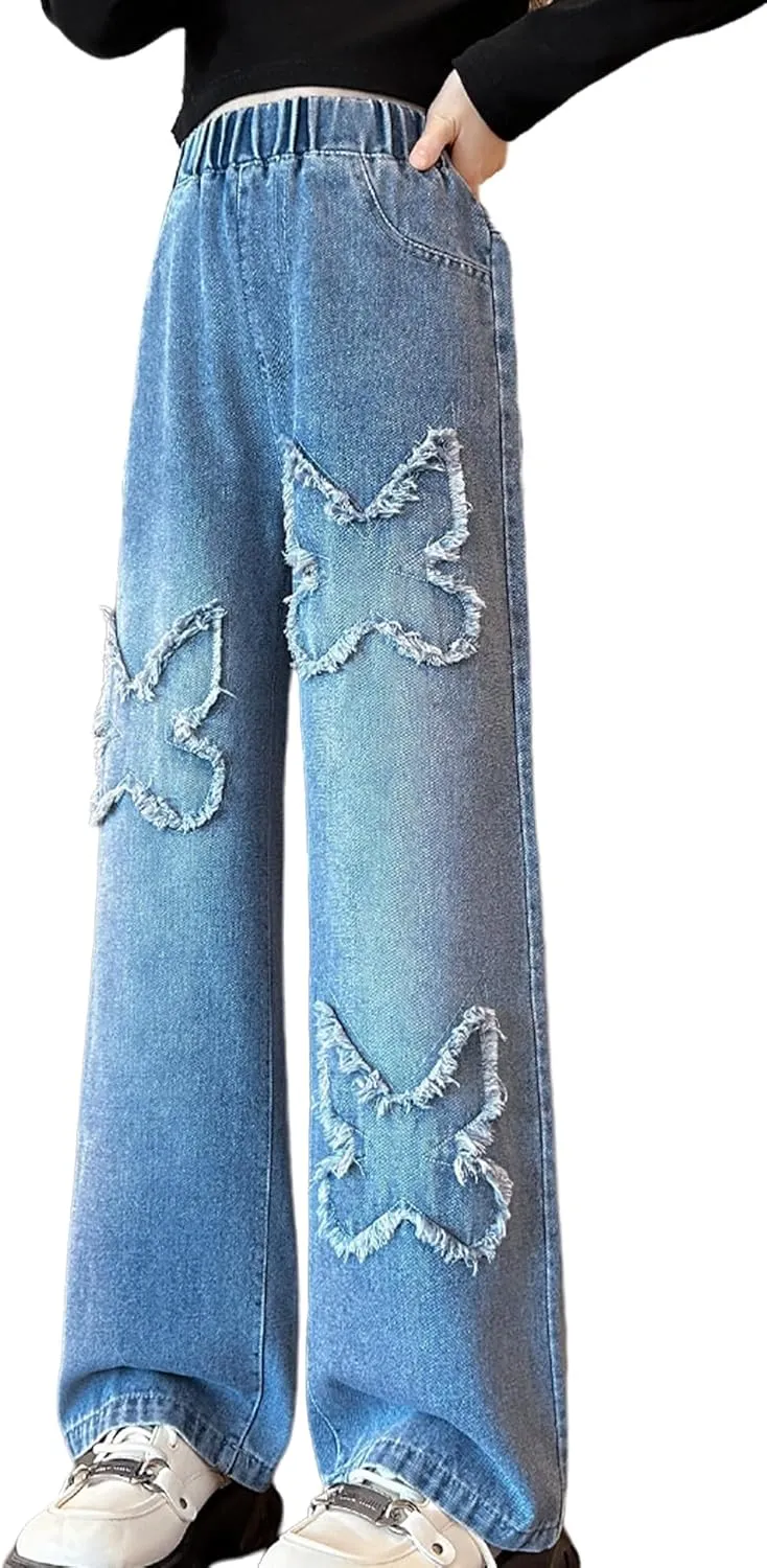 Happy Cherry Baggy Jeans for Girls Ripped Wide Leg Denim Cargo Pants Y2k Kids Cute Aesthetic Clothes Size 5-15 Years