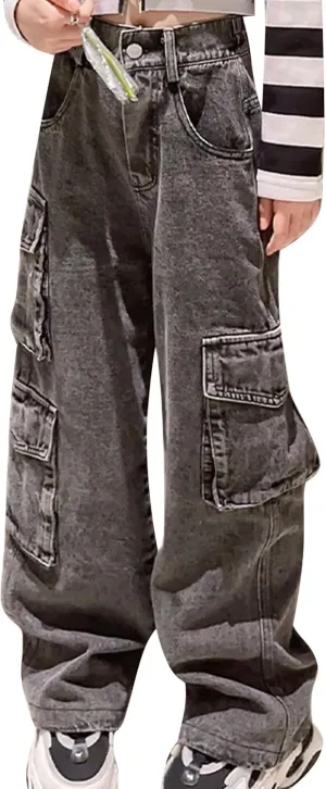 Happy Cherry Baggy Jeans for Girls Ripped Wide Leg Denim Cargo Pants Y2k Kids Cute Aesthetic Clothes Size 5-15 Years