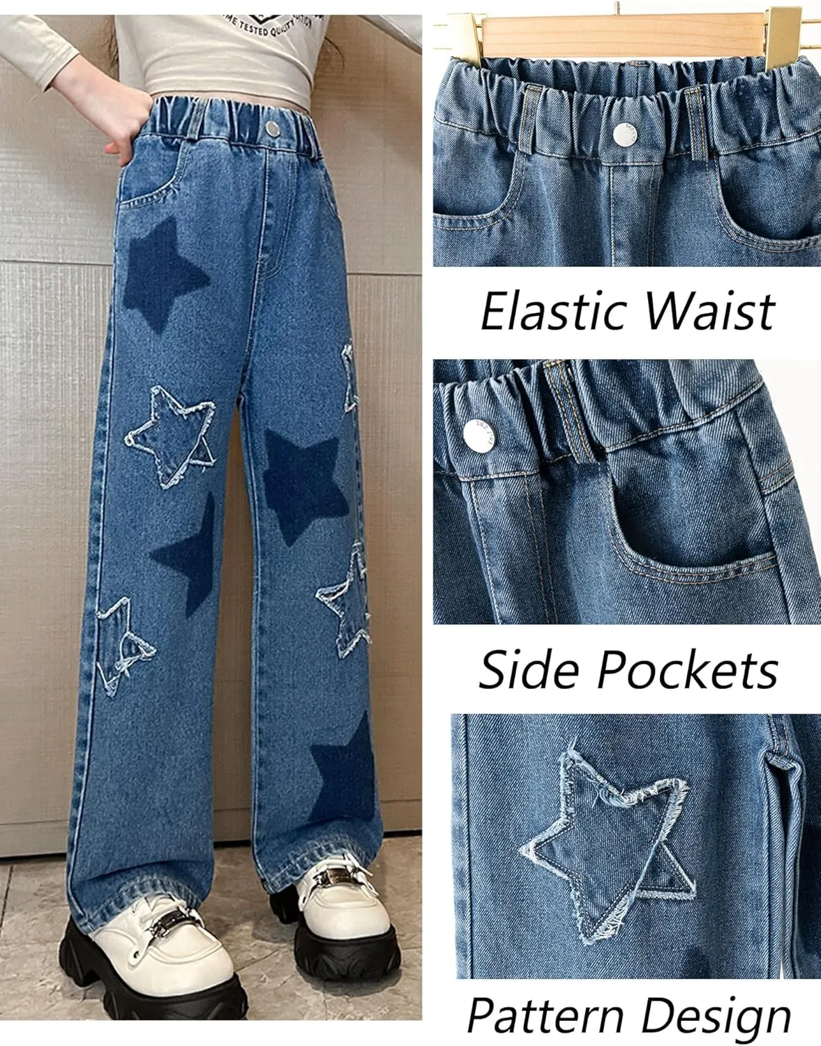 Happy Cherry Baggy Jeans for Girls Ripped Wide Leg Denim Cargo Pants Y2k Kids Cute Aesthetic Clothes Size 5-15 Years