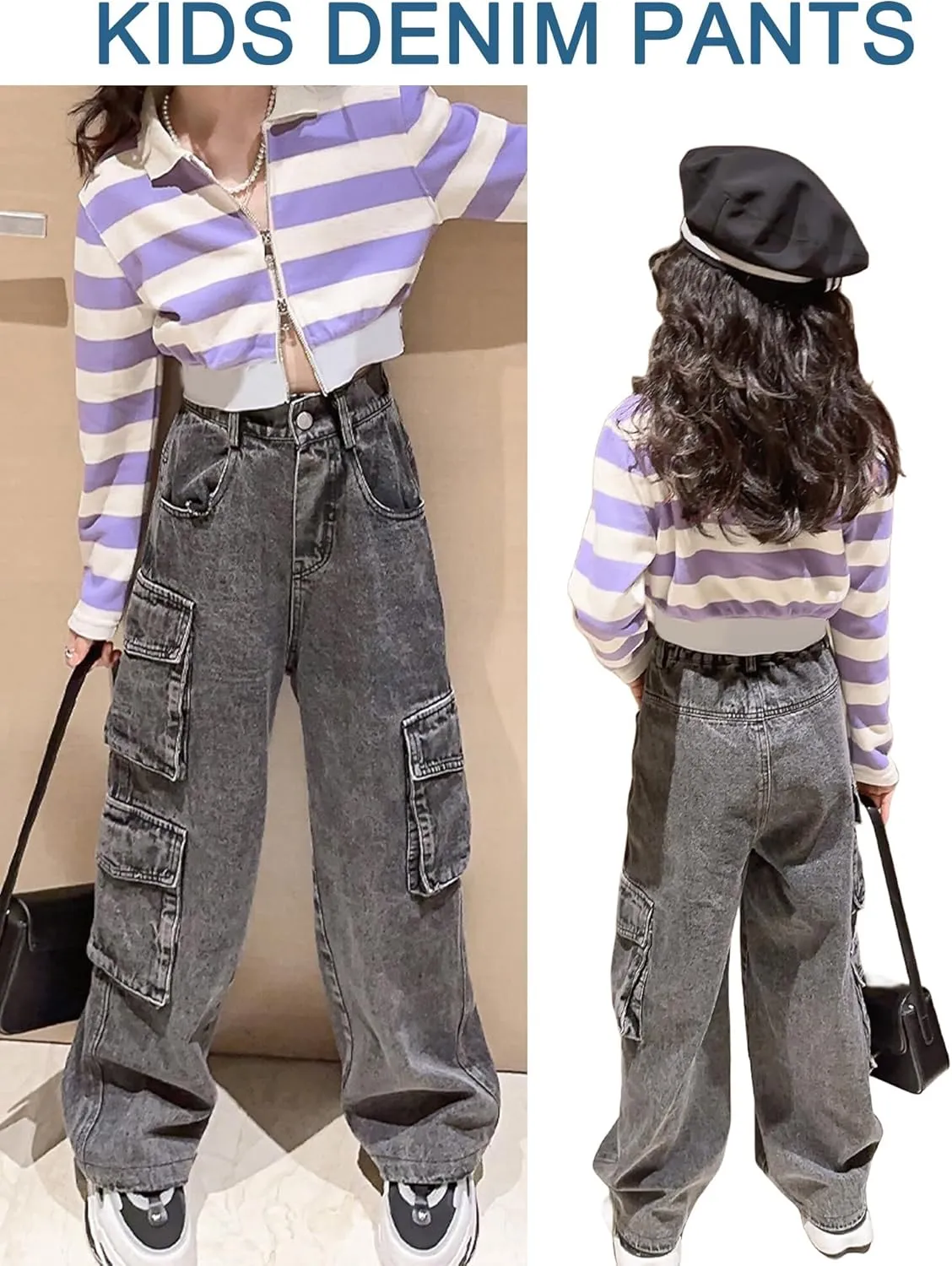 Happy Cherry Baggy Jeans for Girls Ripped Wide Leg Denim Cargo Pants Y2k Kids Cute Aesthetic Clothes Size 5-15 Years