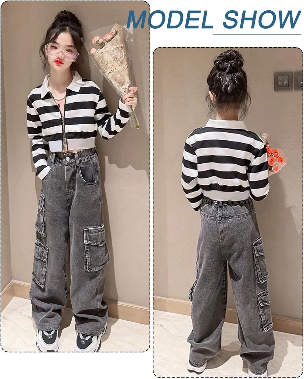 Happy Cherry Baggy Jeans for Girls Ripped Wide Leg Denim Cargo Pants Y2k Kids Cute Aesthetic Clothes Size 5-15 Years