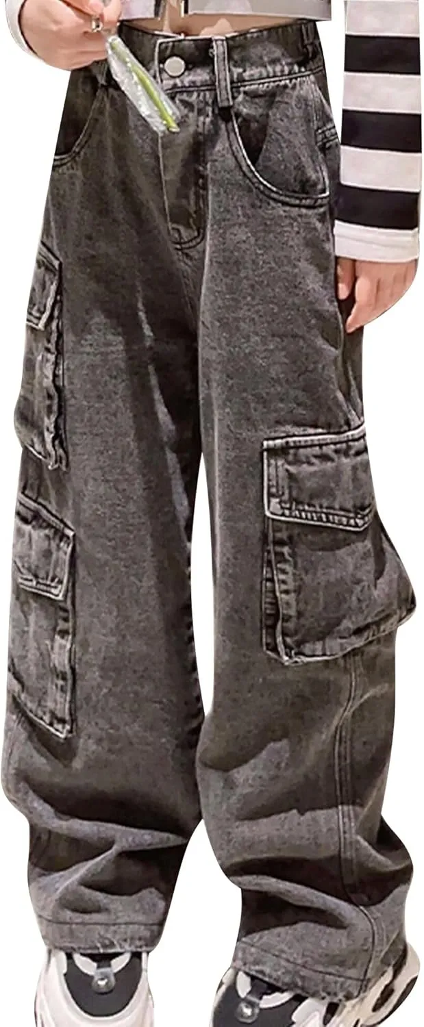 Happy Cherry Baggy Jeans for Girls Ripped Wide Leg Denim Cargo Pants Y2k Kids Cute Aesthetic Clothes Size 5-15 Years