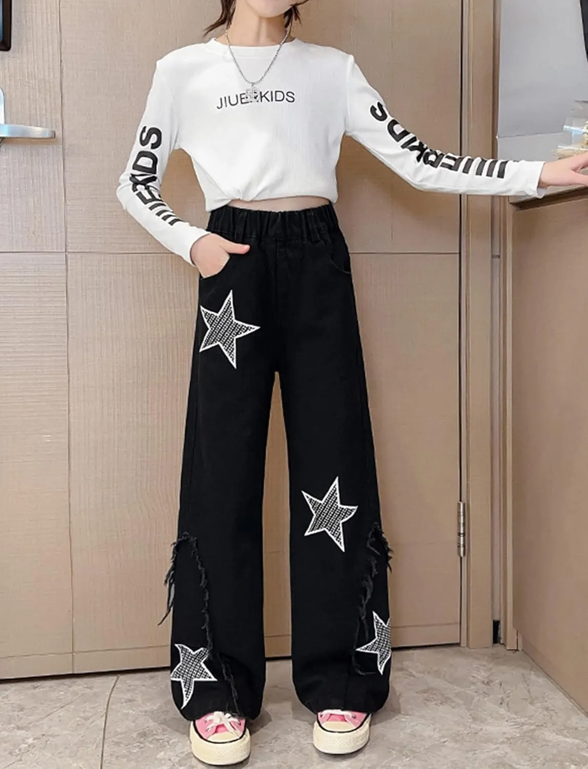 Happy Cherry Baggy Jeans for Girls Ripped Wide Leg Denim Cargo Pants Y2k Kids Cute Aesthetic Clothes Size 5-15 Years