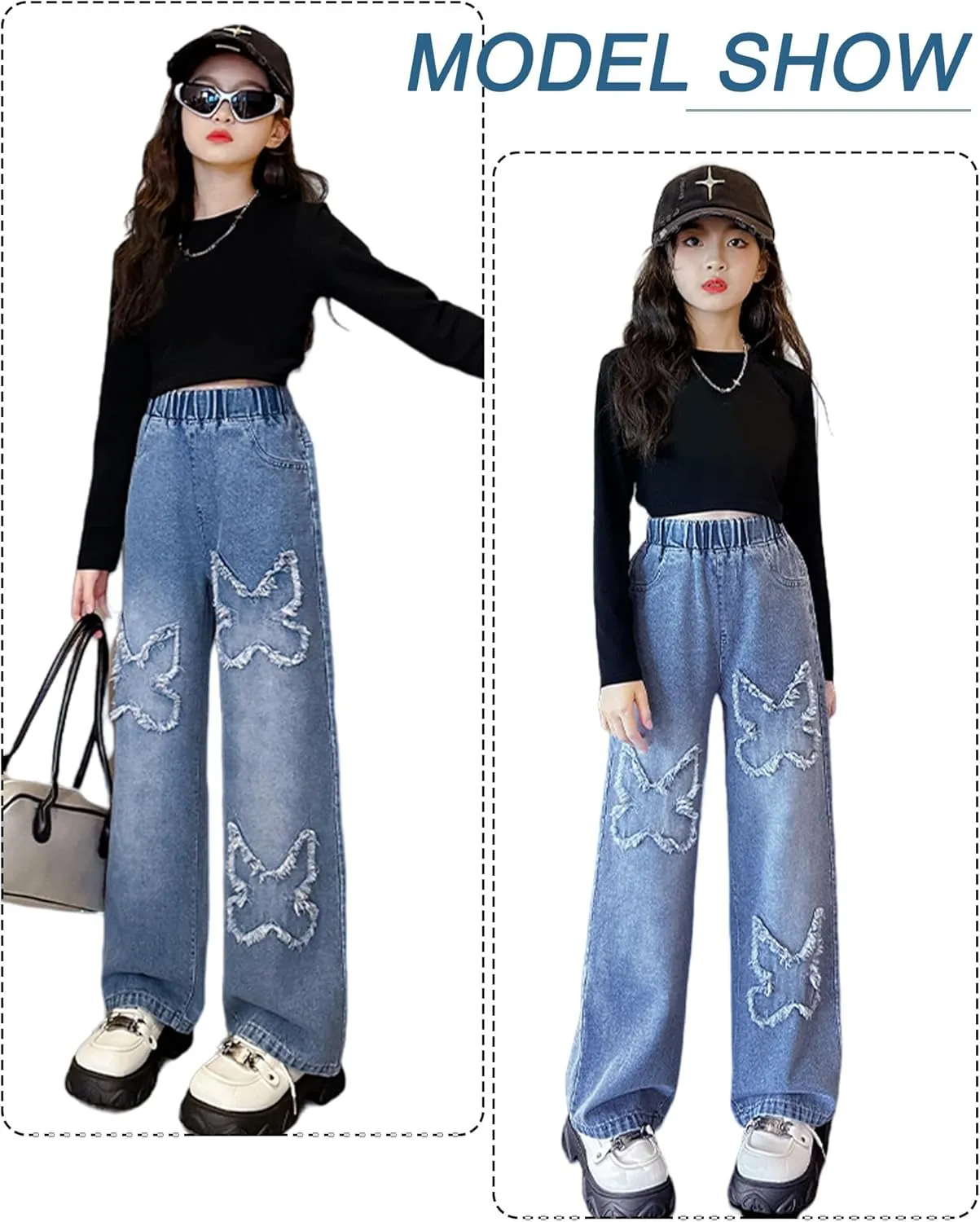 Happy Cherry Baggy Jeans for Girls Ripped Wide Leg Denim Cargo Pants Y2k Kids Cute Aesthetic Clothes Size 5-15 Years
