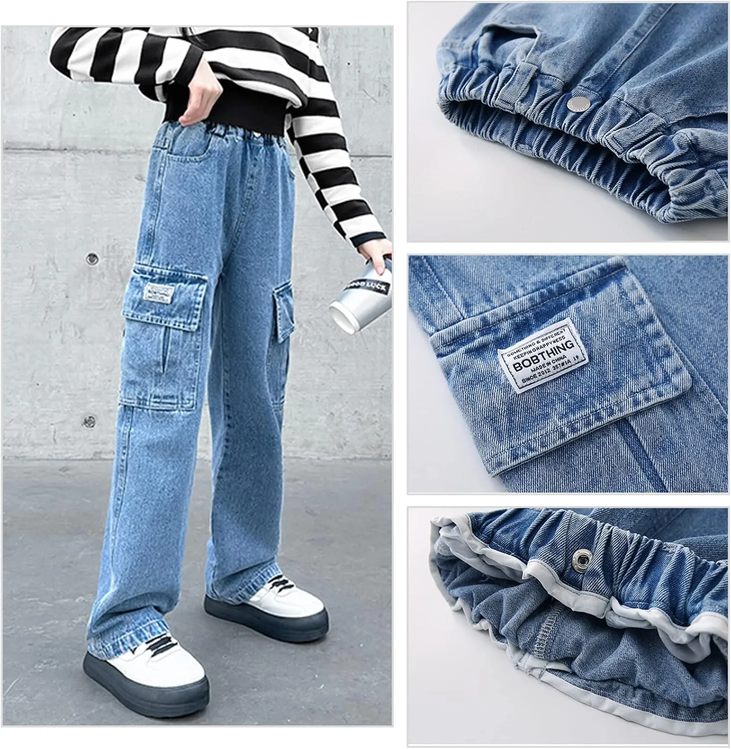 Happy Cherry Baggy Jeans for Girls Ripped Wide Leg Denim Cargo Pants Y2k Kids Cute Aesthetic Clothes Size 5-15 Years