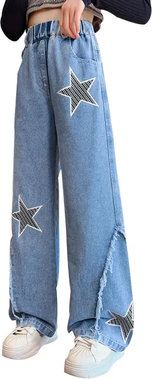 Happy Cherry Baggy Jeans for Girls Ripped Wide Leg Denim Cargo Pants Y2k Kids Cute Aesthetic Clothes Size 5-15 Years