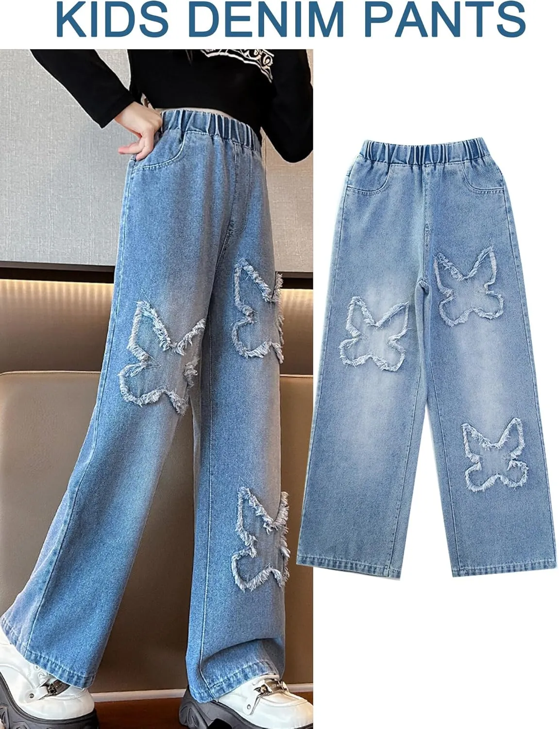 Happy Cherry Baggy Jeans for Girls Ripped Wide Leg Denim Cargo Pants Y2k Kids Cute Aesthetic Clothes Size 5-15 Years