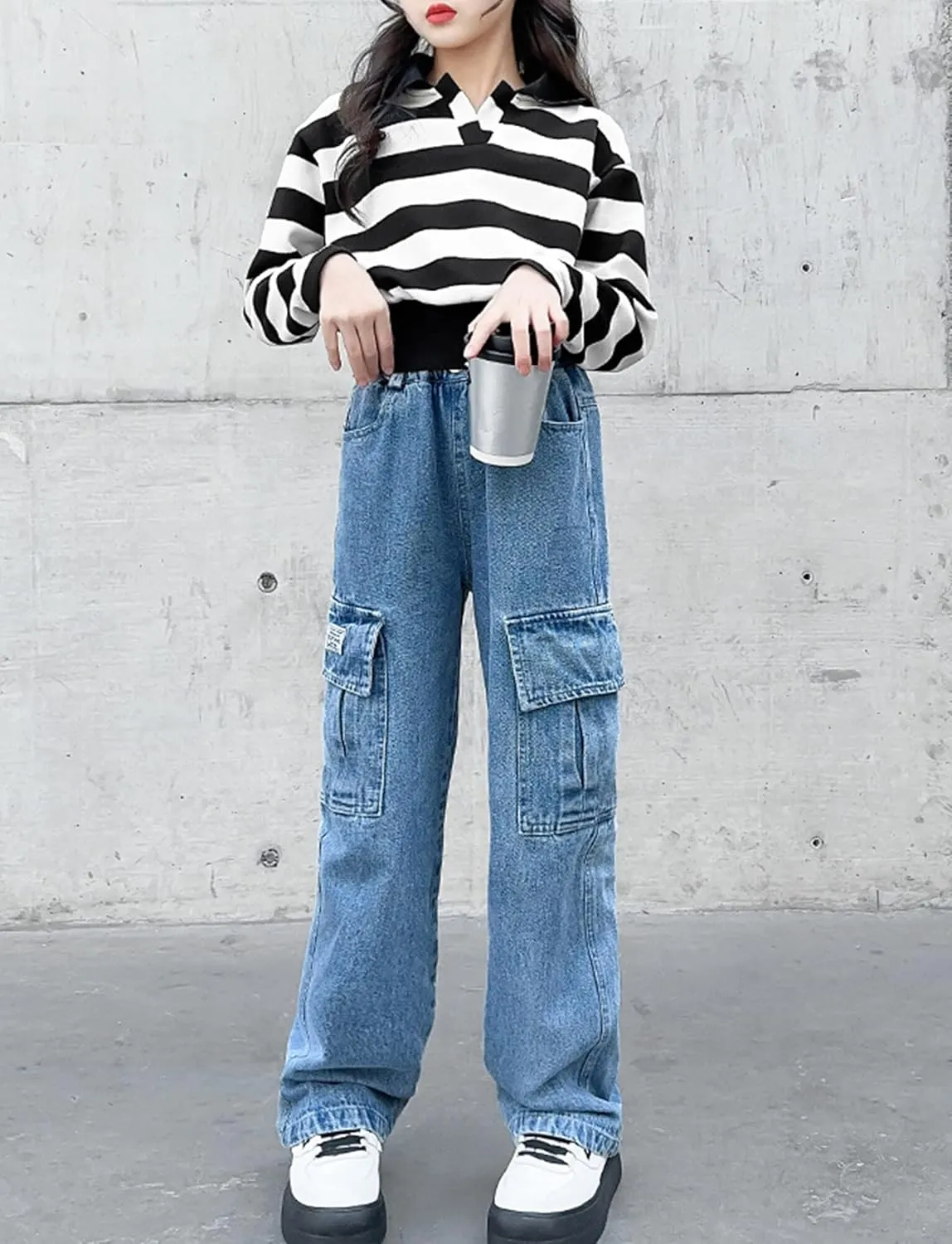 Happy Cherry Baggy Jeans for Girls Ripped Wide Leg Denim Cargo Pants Y2k Kids Cute Aesthetic Clothes Size 5-15 Years