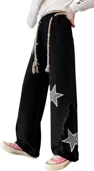 Happy Cherry Baggy Jeans for Girls Ripped Wide Leg Denim Cargo Pants Y2k Kids Cute Aesthetic Clothes Size 5-15 Years