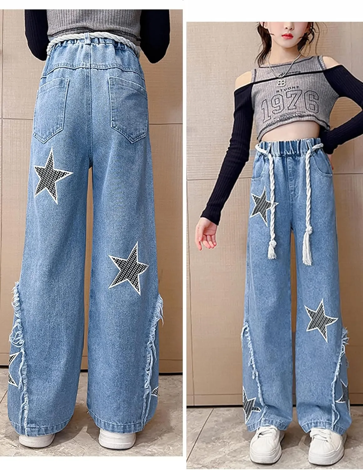 Happy Cherry Baggy Jeans for Girls Ripped Wide Leg Denim Cargo Pants Y2k Kids Cute Aesthetic Clothes Size 5-15 Years