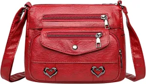 Heart Decor Crossbody Bag Solid Vintage PU Leather Shoulder Bag Versatile Women Pockets Purse With And (Red, One Size)