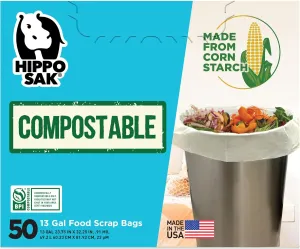 Hippo Sak - 13 Gallon Tall Kitchen Compostable Bags - Reinforced Bottom and Leak Proof Bags (50 Count)