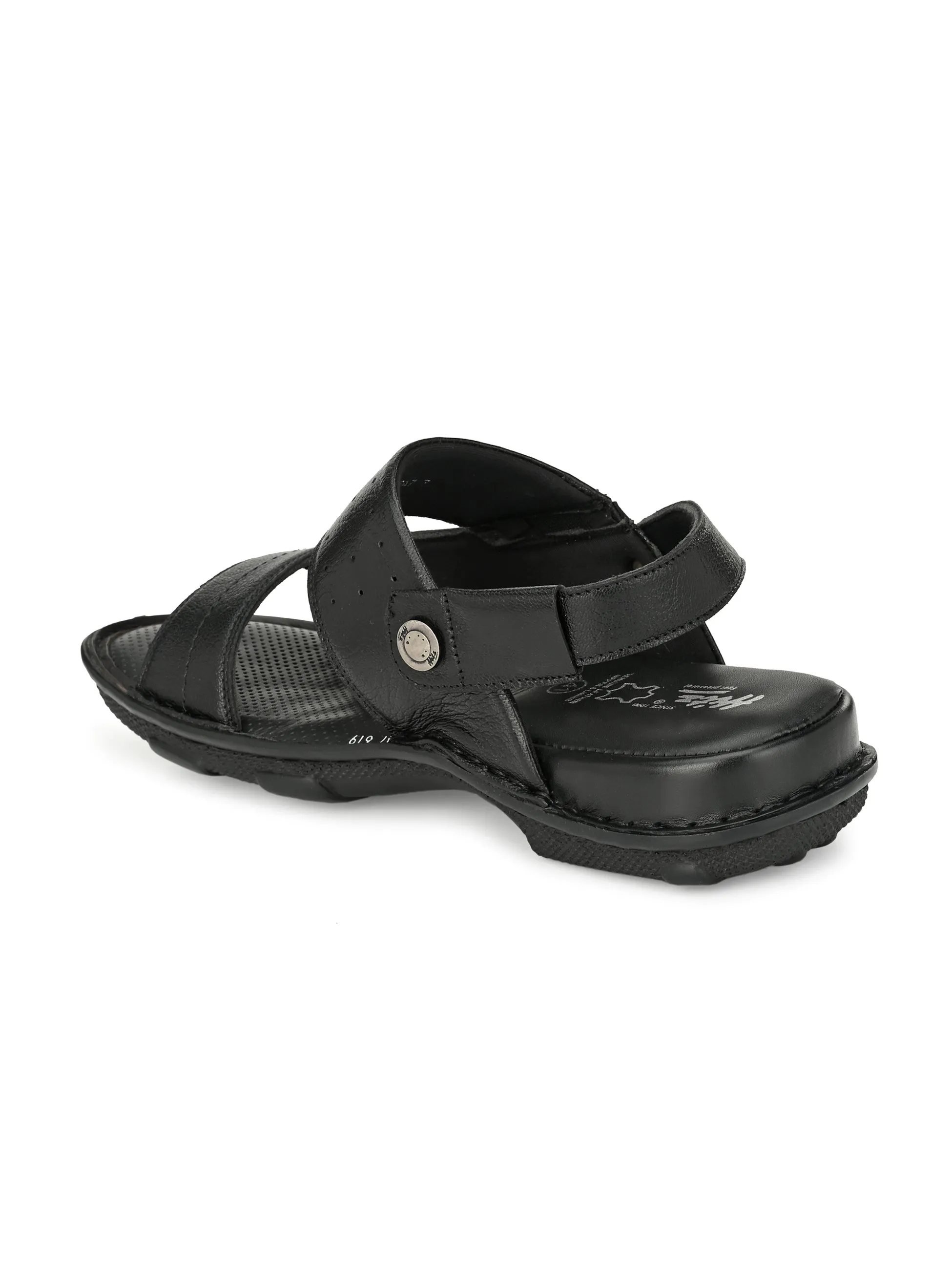 Hitz Men's Black Leather Open Toe Slip-On Comfort Sandals