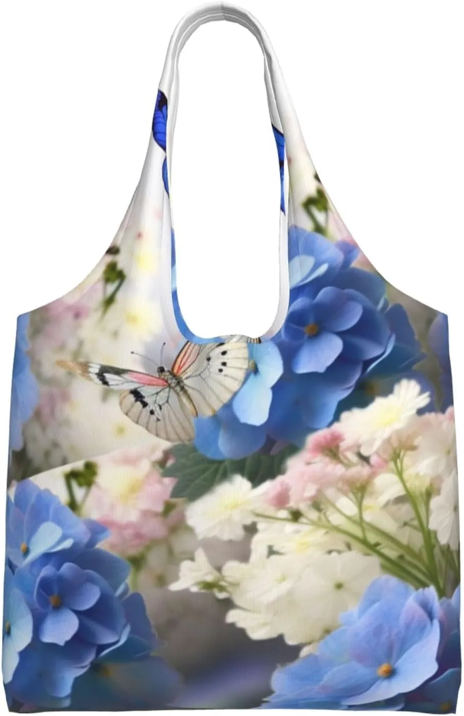 Hydrangeas Daisies Butterflies Canvas Tote Bag Aesthetic Large Shoulder Bags Reusable Shopping Bags for Women Grocery Bag Purse
