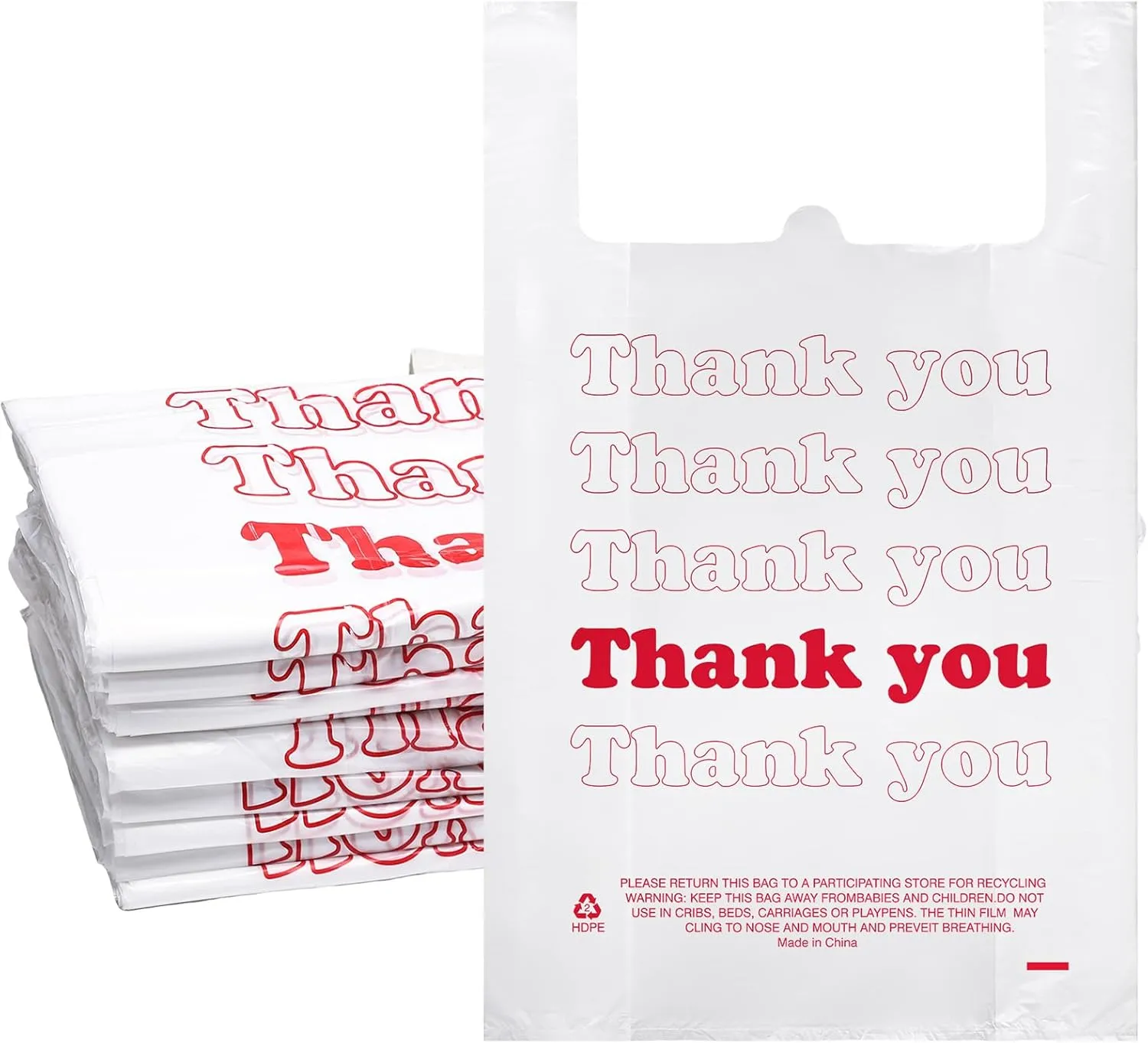 Ireer 500 Pack Thank You Plastic Bags with Handles 18 x 8 x 30" White Large Grocery Shopping T Shirt Bags for Restaurant Retail Grocery Food Takeout Small Business